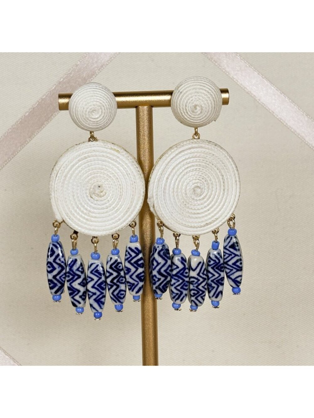 Vintage Boho Statement Earrings Blue White Glass Beads Woven Wicker Dangle B107